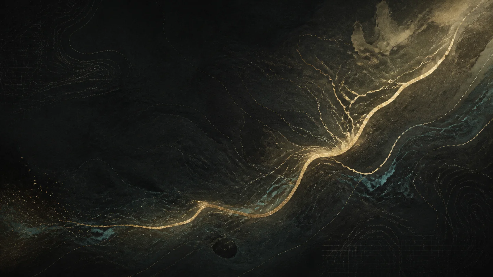 Abstract gold path crossing a dark, map-like field