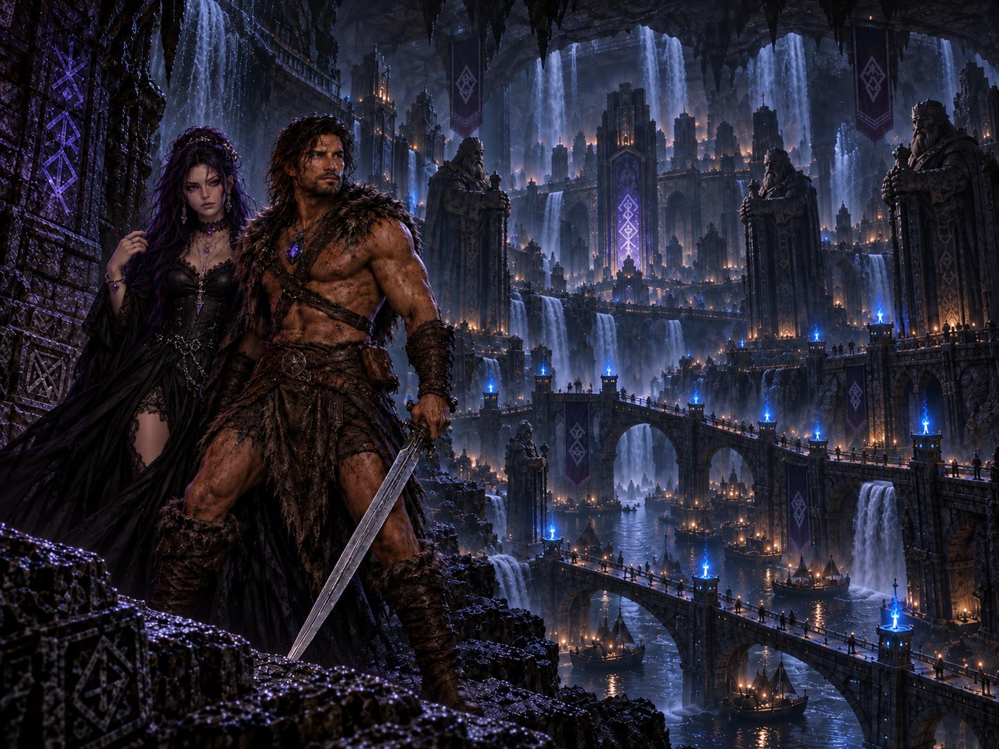 Kit and Thorn on a ledge overlooking a dwarven city under the earth, blue fire and violet runes