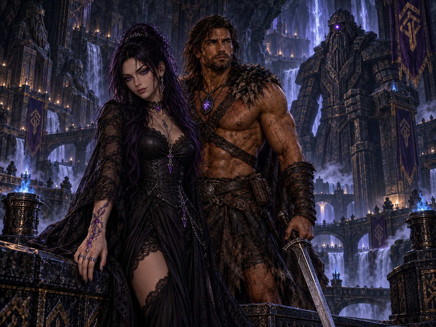 Kit and Thorn before a one-eyed dwarven sentinel, with a vast underground city of waterfalls and violet runes behind them; Keeper’s Mark glowing on Kit’s hand