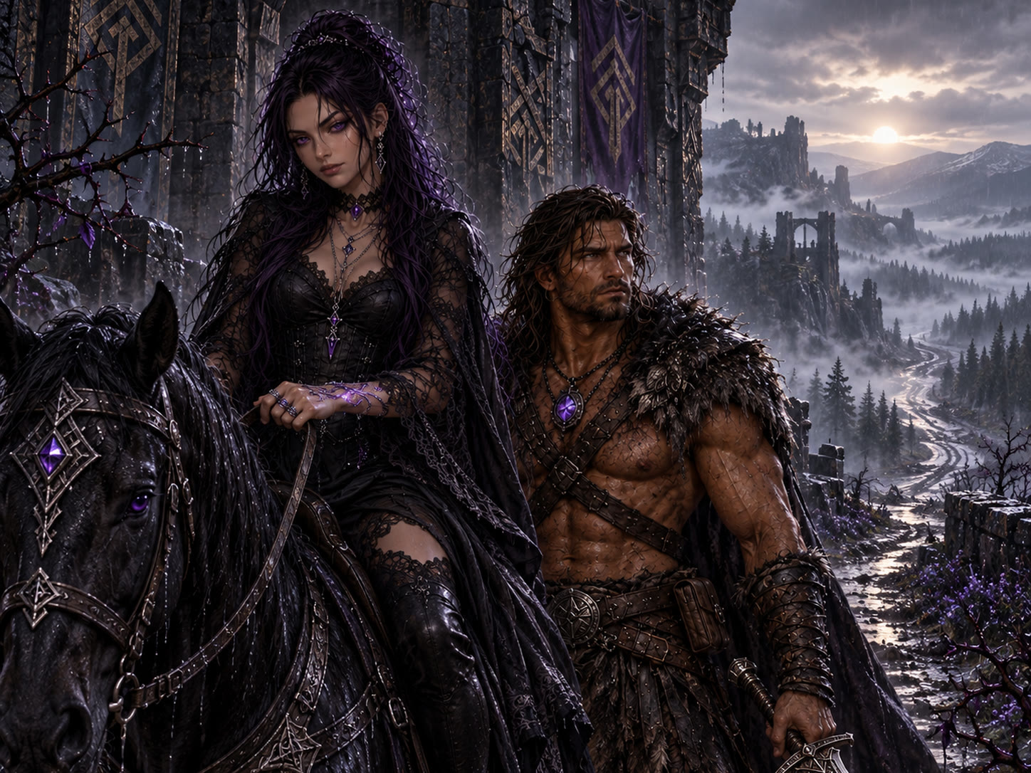 Kit in black lace, violet-eyed, riding a black horse with a violet-jeweled bridle beside Thorn, fur-cloaked and gripping the Sword of Truth, before a dark rune-carved castle; a misty valley of ruins and a rain-washed road stretch away under a gray sky