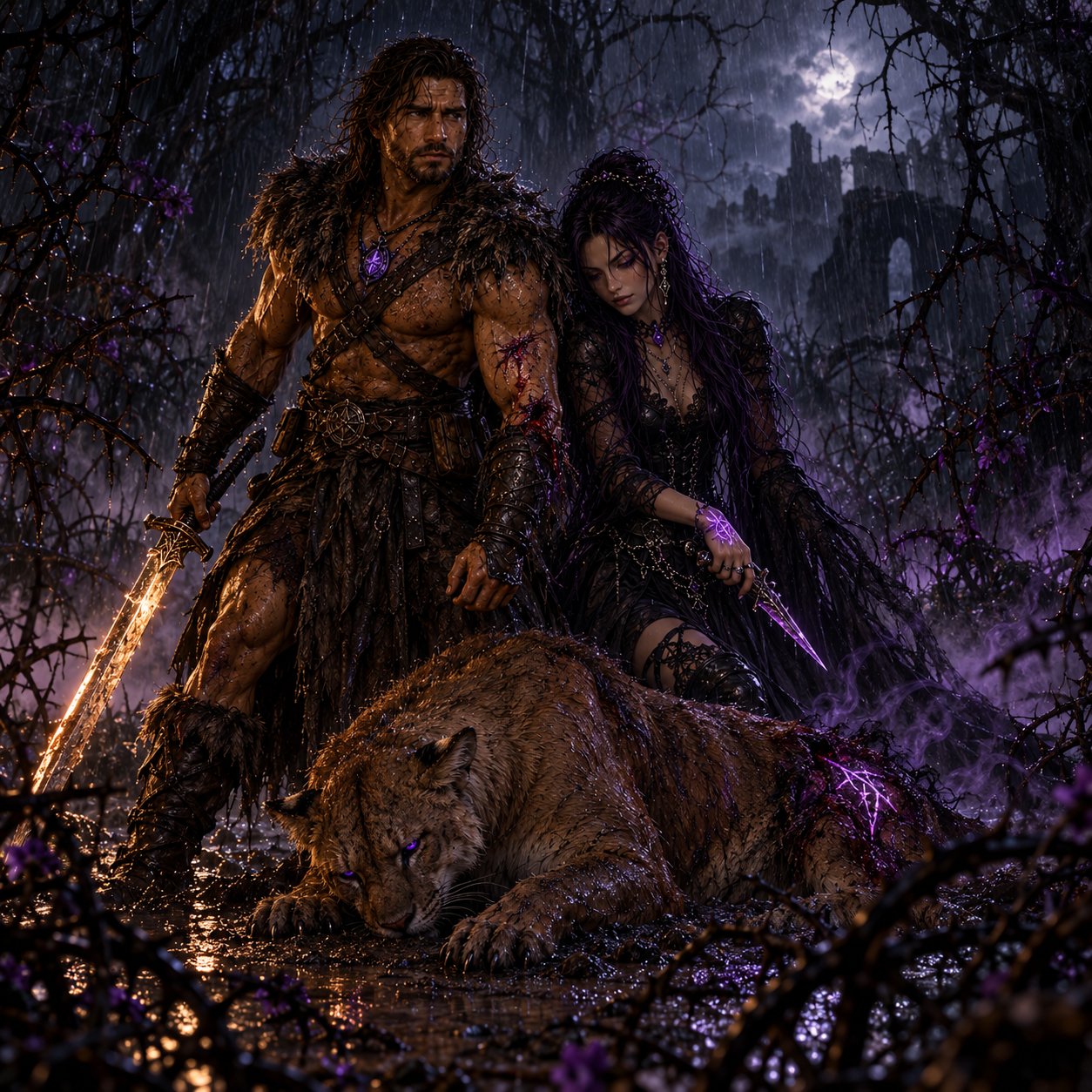 Thorn, fur-cloaked with a bitten, bleeding forearm and the glowing Sword of Truth, and Kit in black lace with a violet-lit dagger stand in a rain-soaked blackthorn clearing over a fallen mountain lion marked with violet light; a ruined castle and full moon behind