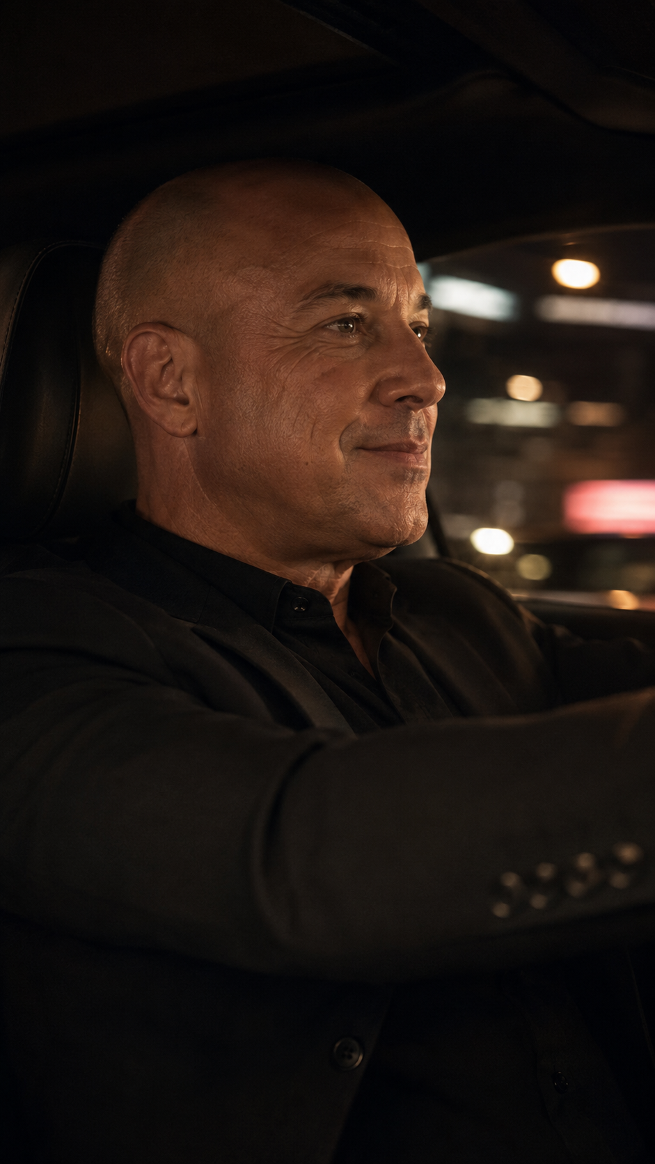 Ashley in a close-up night driving scene