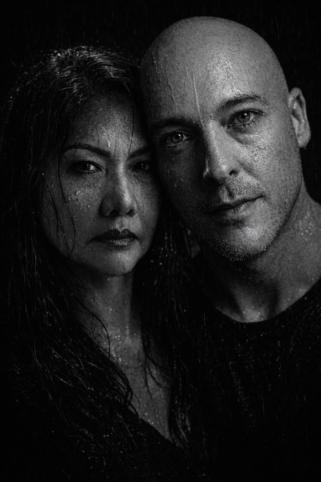 Ashley Mason and his wife Rose in a black-and-white rain portrait