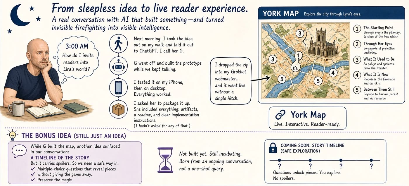 Illustrated summary of the essay: a 3 AM question about inviting readers into Lira's world, building the York map with AI, and a bonus story-timeline idea