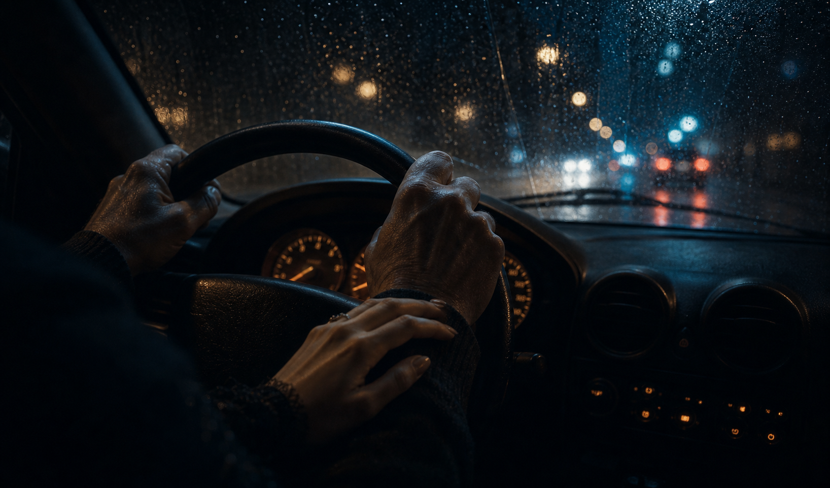 Hands on a steering wheel in rain at night