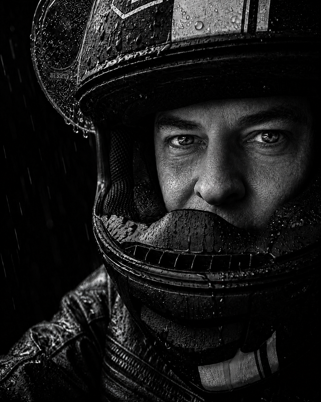 Ashley in a rain-soaked motorcycle helmet