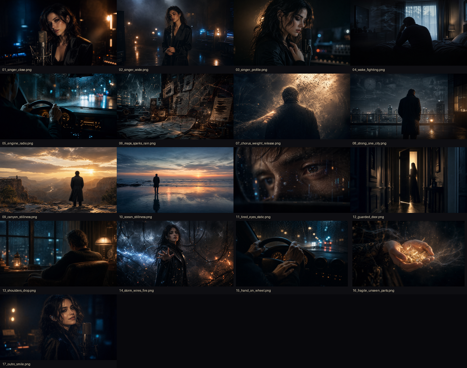 Contact sheet of cinematic music video frames