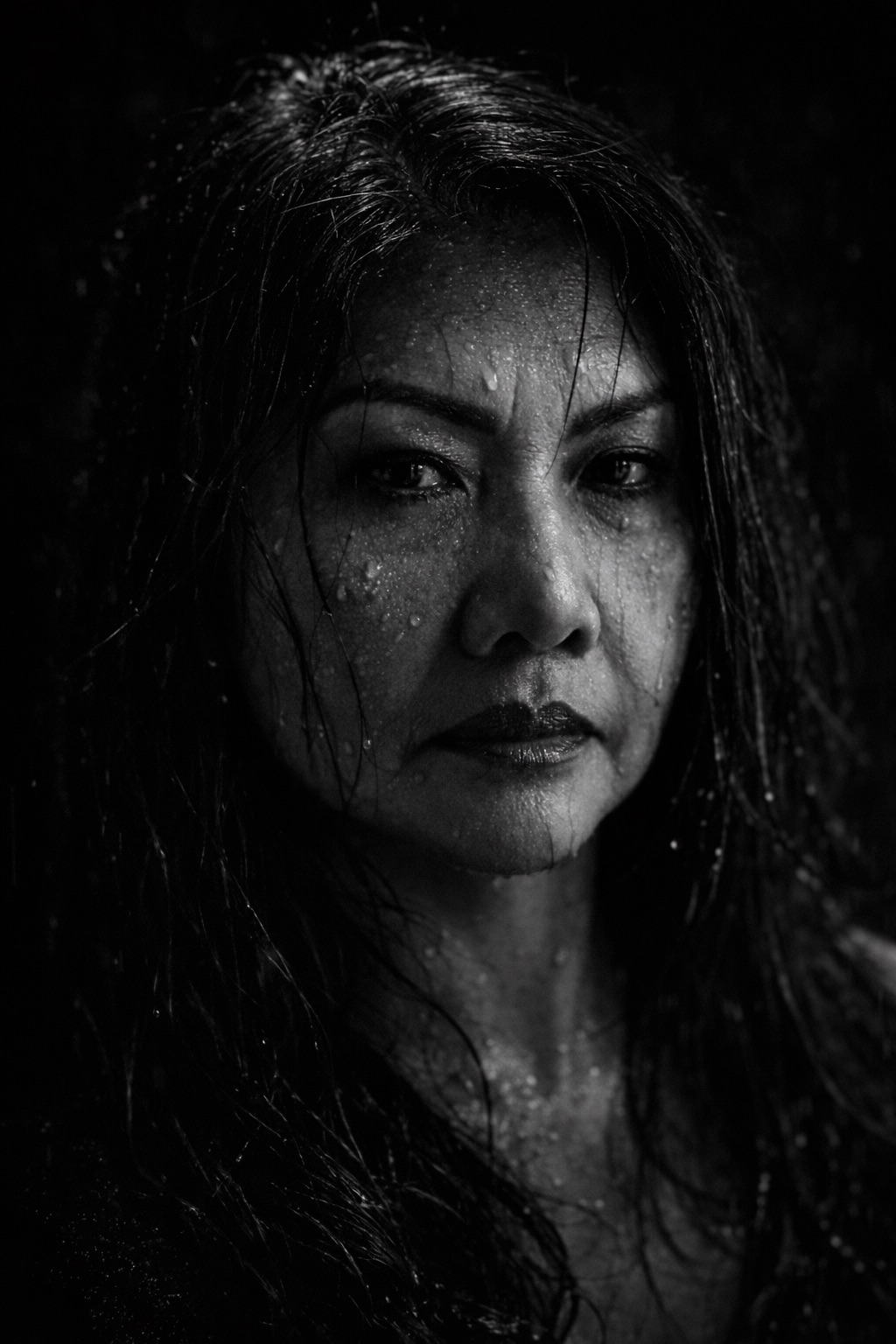 Moody black-and-white portrait of Rose in the rain
