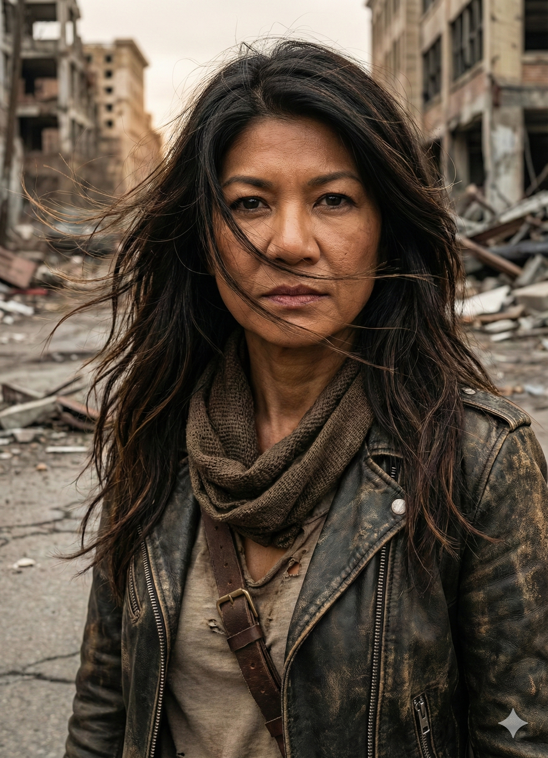 RoseLynn character portrait among ruined city streets