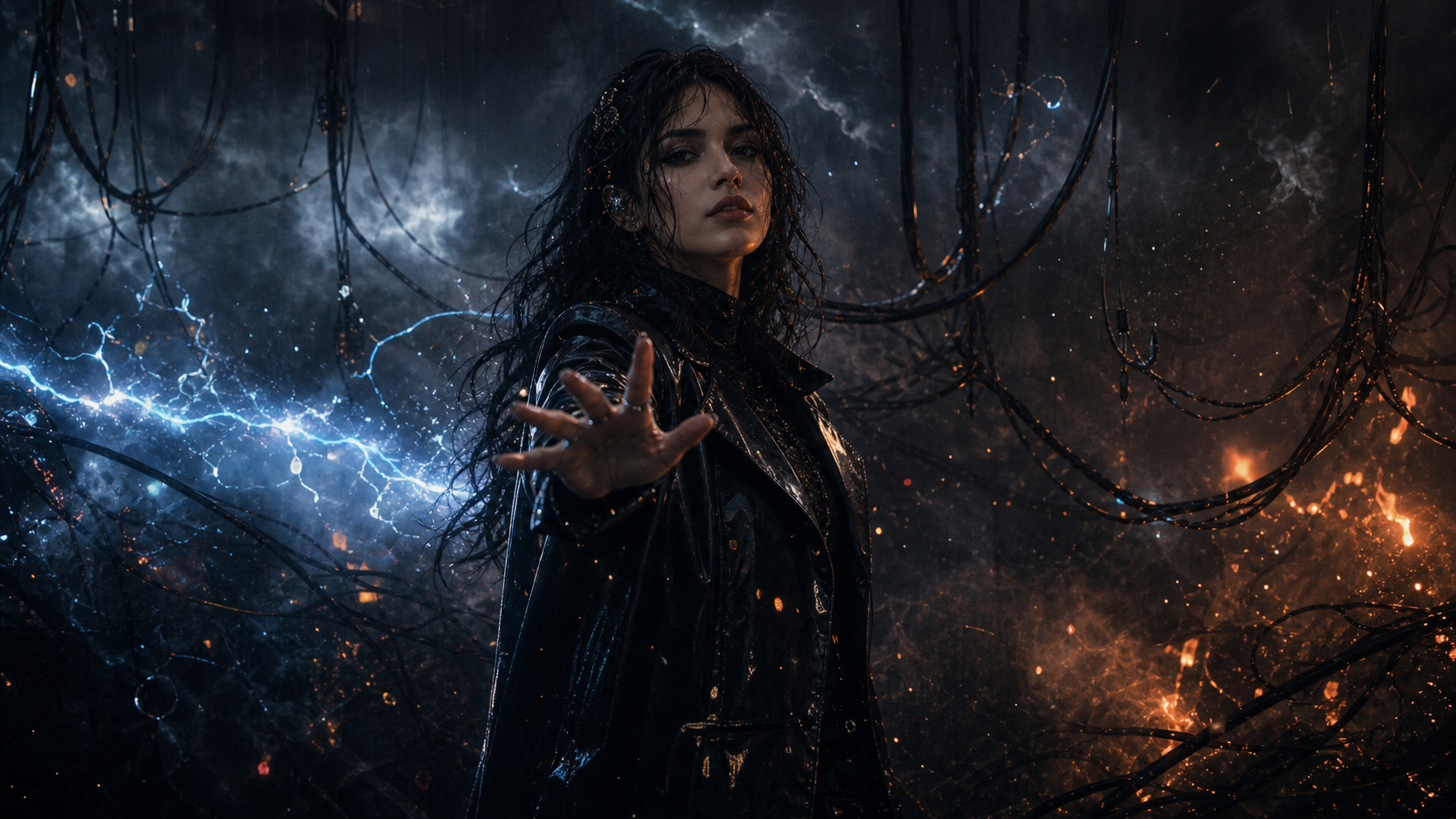 Storm wires and fire from a cinematic music video frame