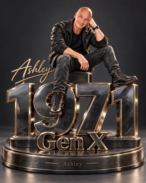 Ashley seated on gold 1971 numbers above Gen X, a 3D miniature