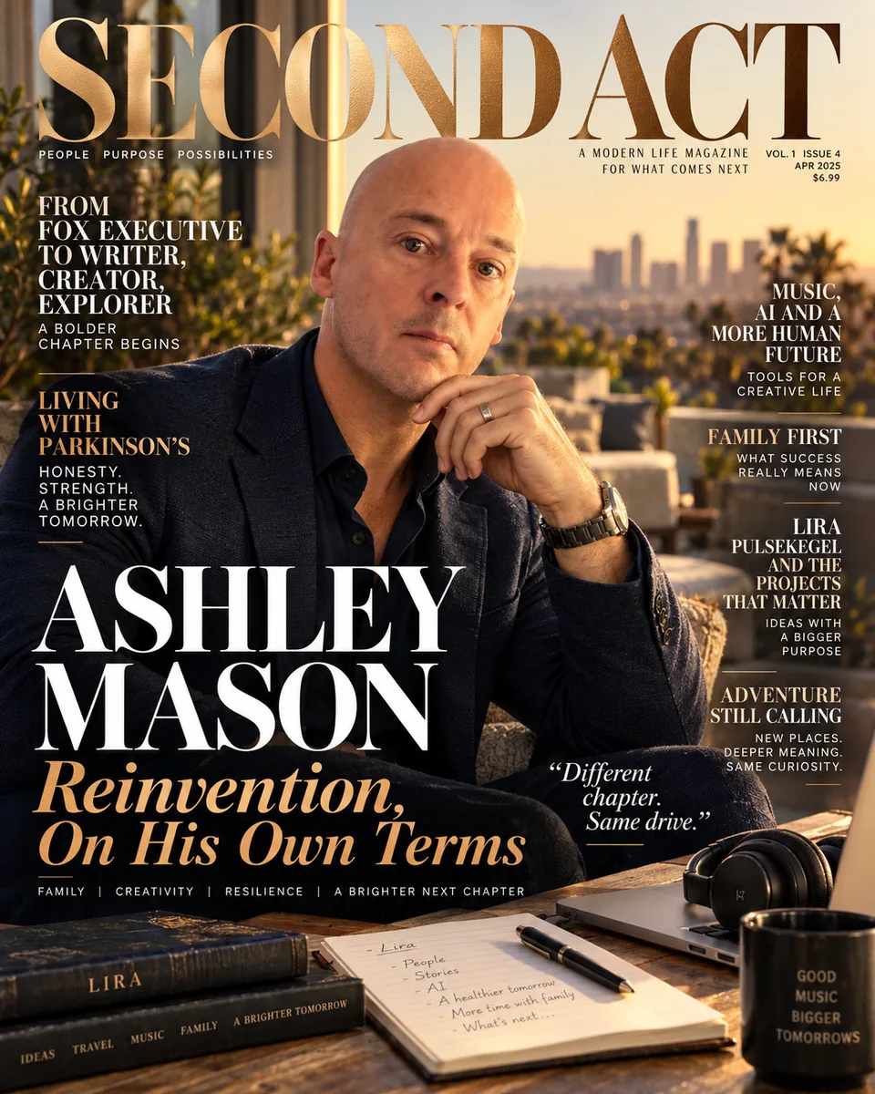 Mock Second Act magazine cover dated Apr 2025: Ashley, bald in a dark blazer, sits chin in hand at a desk on a sunny terrace above a city skyline, with a Lira book, a notebook list, headphones and a Good Music Bigger Tomorrows mug; headlines read Ashley Mason, Reinvention, On His Own Terms and From Fox Executive to Writer, Creator, Explorer.