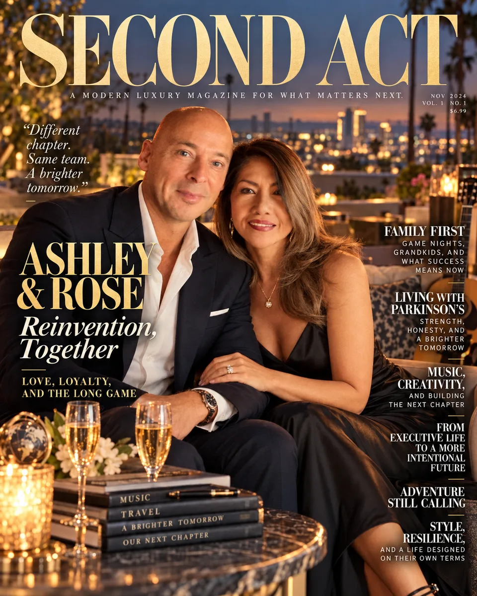 Mock Second Act magazine cover dated Nov 2024: Ashley, bald in a navy suit and open white shirt, sits close to Rose in a black dress on a rooftop lounge at dusk above a city skyline, with champagne flutes and stacked books on the table; headlines read Ashley & Rose, Reinvention, Together, Family First and Living With Parkinson’s.