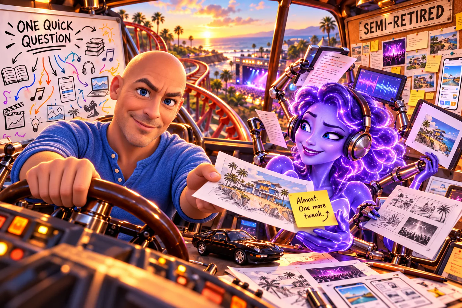 A bald man in a blue henley drives a roller-coaster cockpit at sunset over a beach, handing a sketch to a glowing purple AI woman wearing headphones; a whiteboard reads One Quick Question, a sign reads Semi-Retired, a sticky note reads Almost. One more tweak, and a black Porsche 928 model sits on the dash.