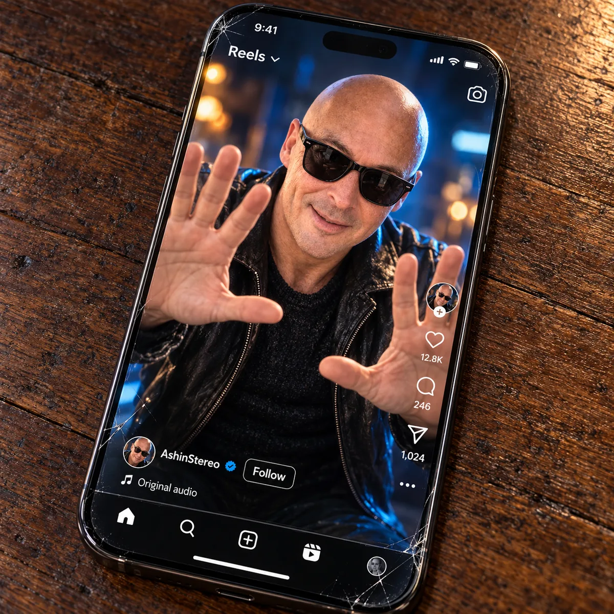 A smartphone with hairline cracks at its corners lies on a dark wooden table, showing an Instagram Reel from AshinStereo: a bald man in dark sunglasses and a black leather jacket presses both palms against the inside of the screen, as if trapped in the phone.